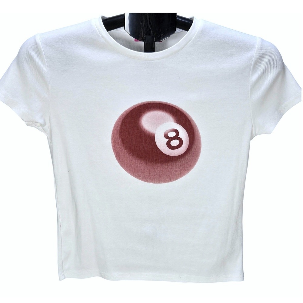 Women's Edikted Medium White 8-Ball Graphic Cropped Baby Tee Skater Streetwear